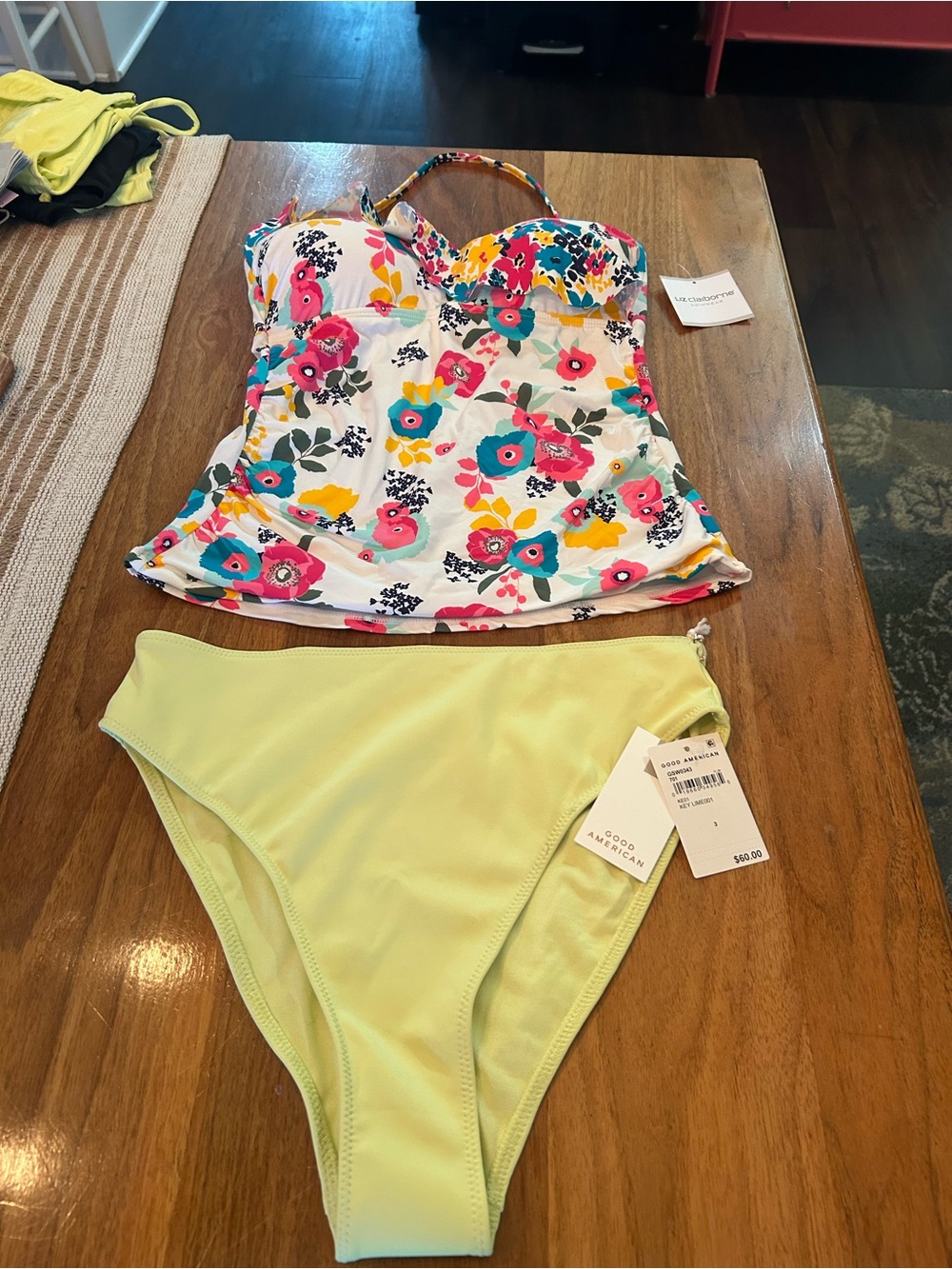 Good American Floral Tankini Top & Light Green/yellow.  Bottoms